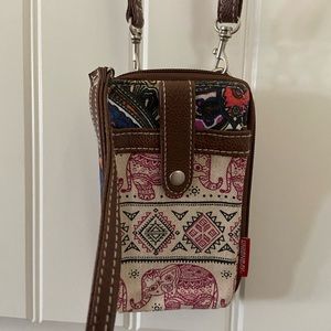Multi colored cross body bag.
